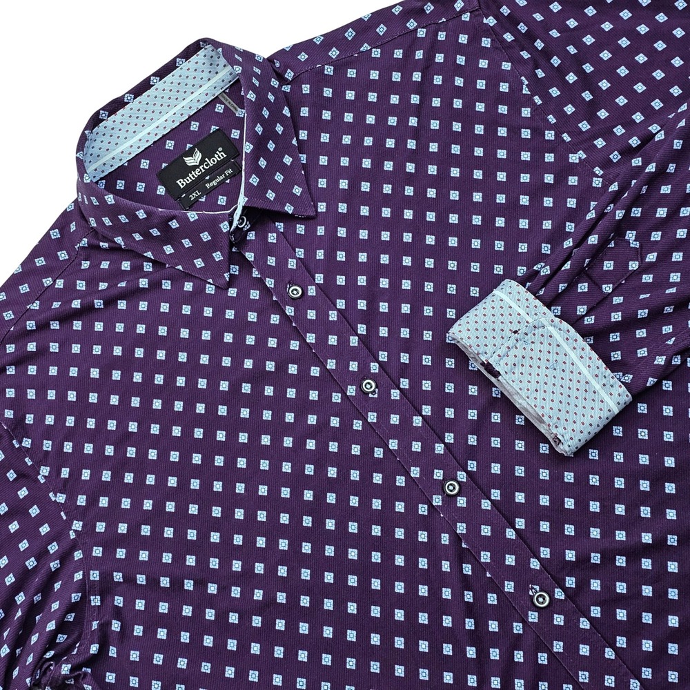 Buttercloth Button Up Shirt Mens 2XL Purple‎ Geometric Knit Stretch Regular Fit